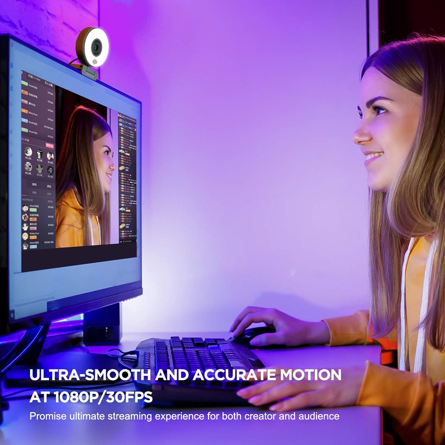 Webcam PAPALOOK PA552 para transmissão ao vivo com anel de luz