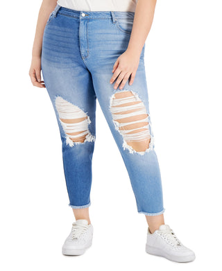 Tinseltown Trendy Women's Two Tone Destructed Mom Jeans Blue Size Petite Small