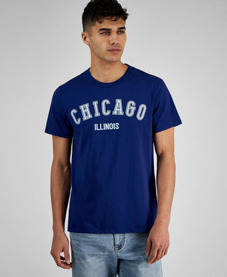 E agora esta camiseta masculina Chicago Graphic azul tamanho pequeno