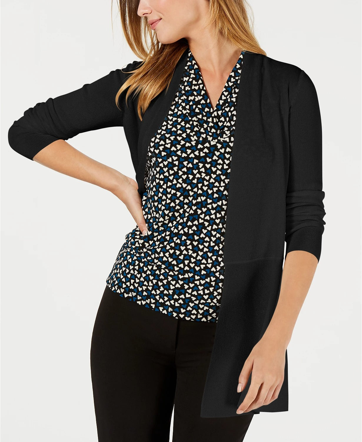 Cardigan longo peplum feminino Anne Klein, preto, tamanho pequeno