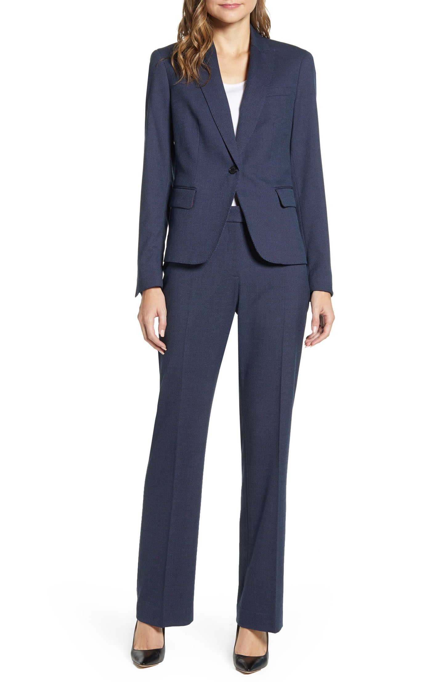 Terno feminino Anne Klein com estampa de olho de pássaro azul, tamanho 14