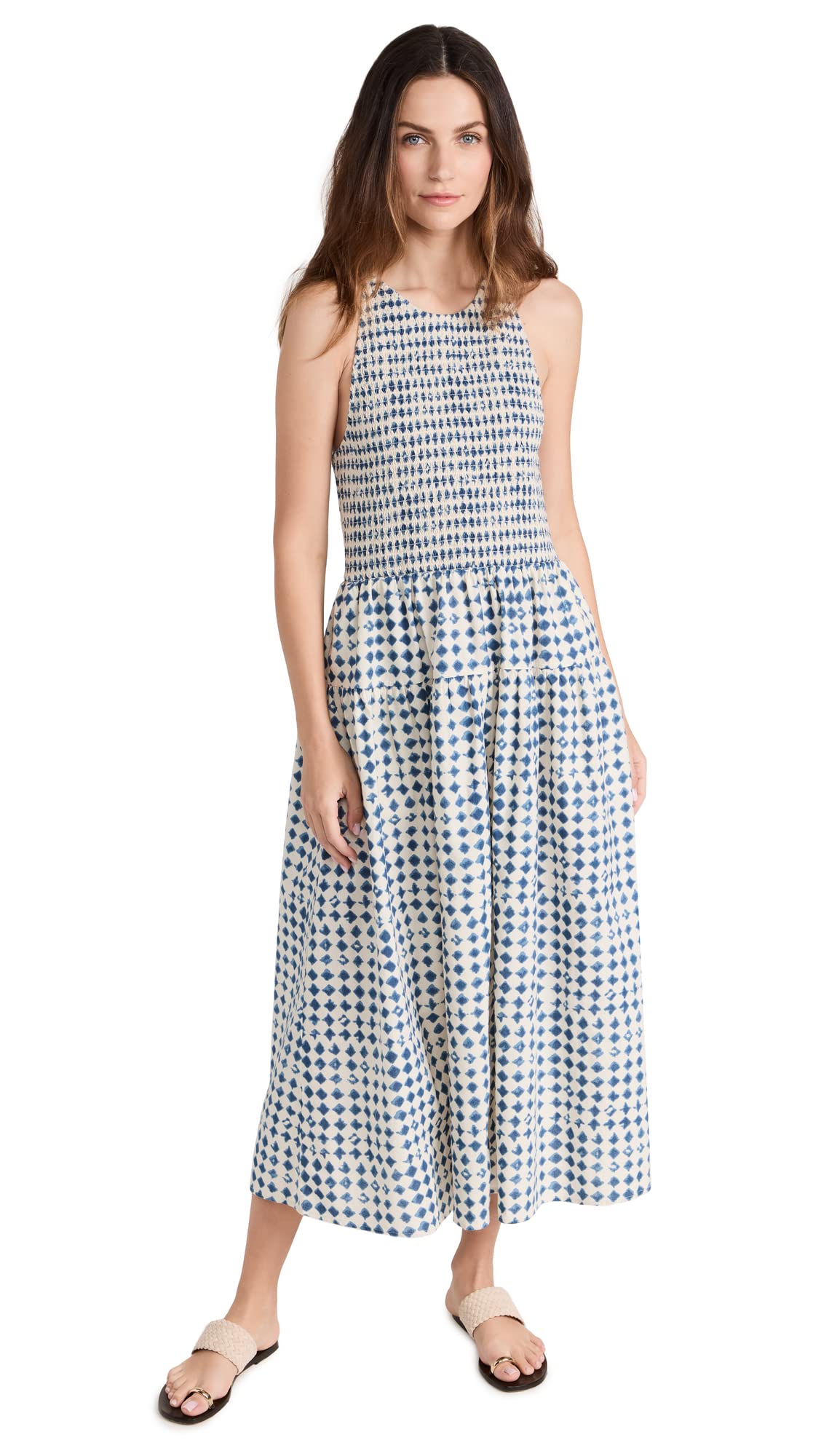 Madewell Women's Shibori Halter Tiered Midi Dress, Blue Ivory Shibori, S