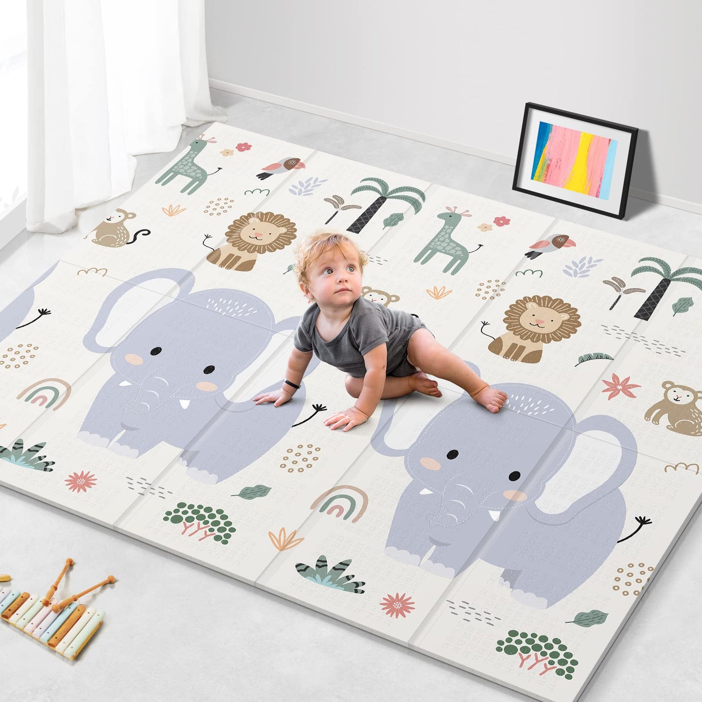 NOONKTY 79x71 Extra Large Baby Play Mat for Floor Foldable Foam Playmat for Babies 012 Months  Kids NonToxic Waterproof Baby Mat for Floor Thick Playpen Mat for Tummy Time Crawling Elephant