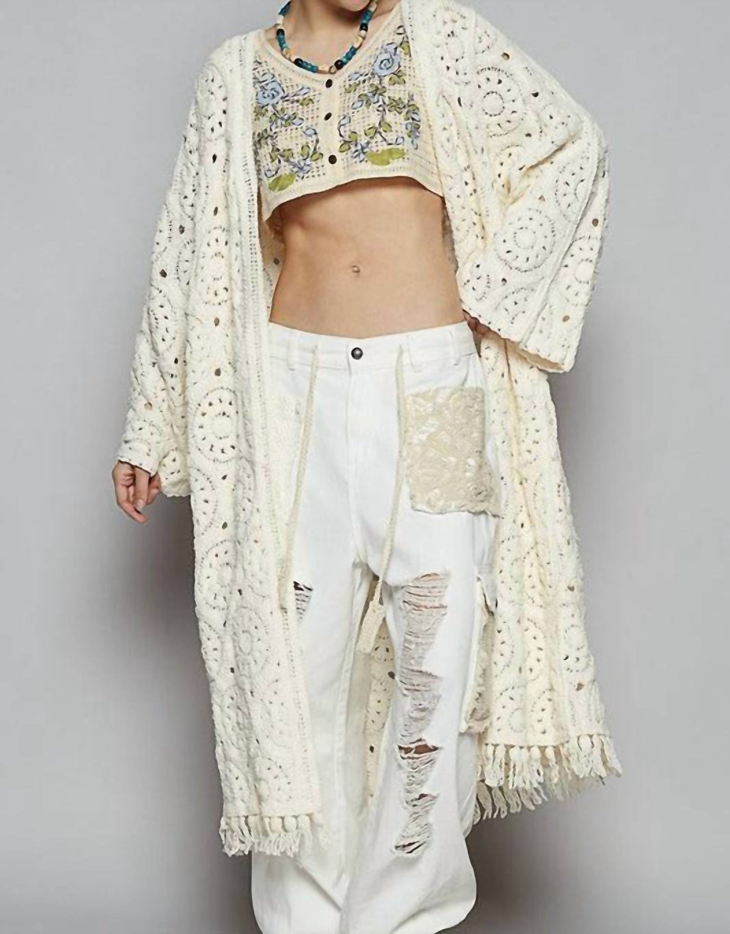 Pol - Crochet Fringe Open Front Longline Cardigan