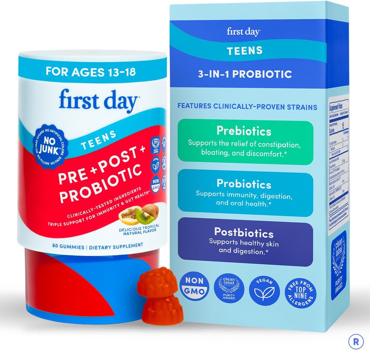 FIRST DAY Vitamins for Teens 3-in-1 Probiotic Gummies - Prebiotic + Probiotic + Postbiotic for Teens Girls & Boys 12-17 – Skin Health, Digestive & Oral Health, Immunity, Energy – 30-Day Supply