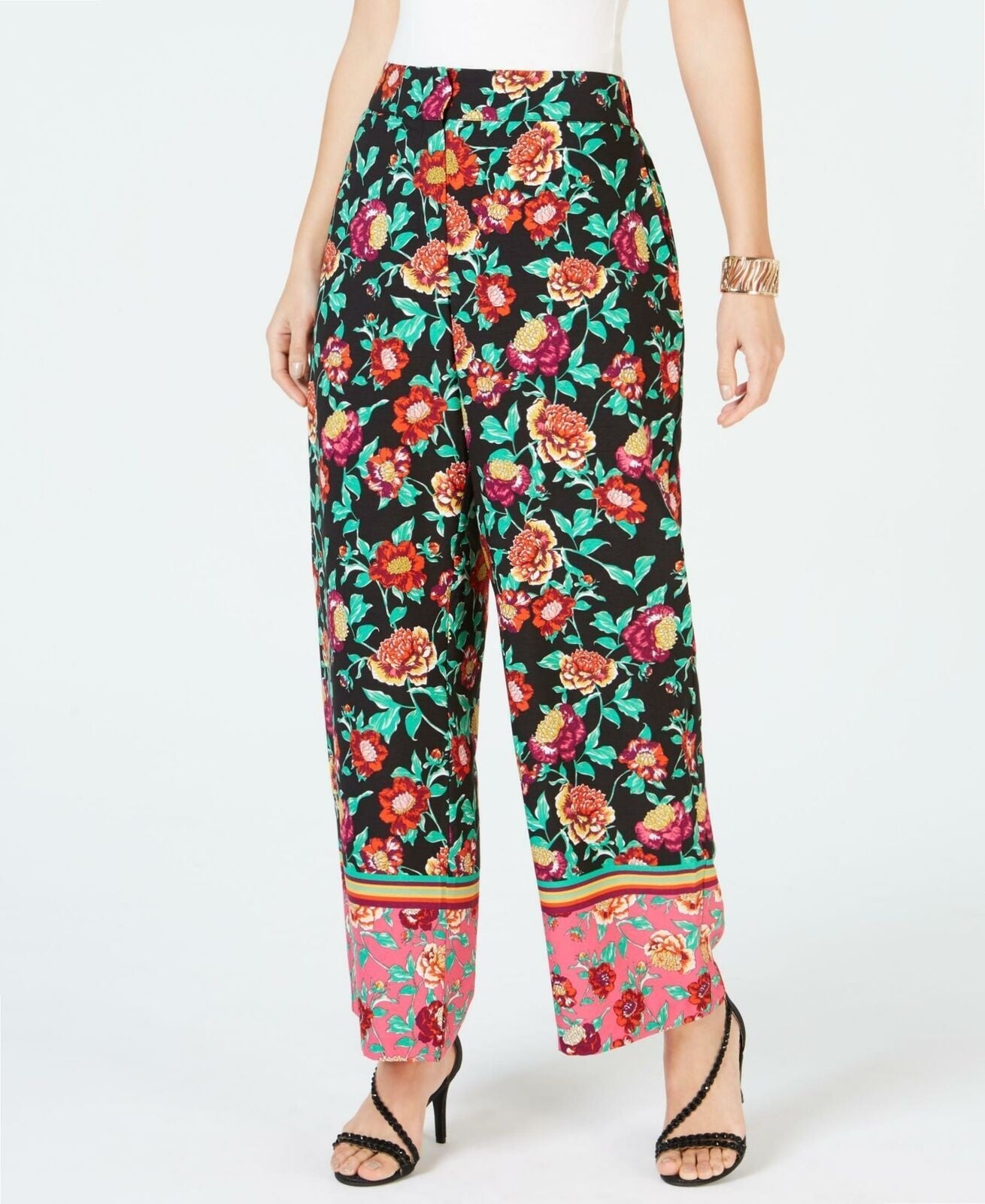 Calça feminina Thalia Sodi com estampa floral rosa e perna larga, tamanho grande