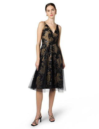 Dress the Population Women's Courtney Sleeveless Veiled Fit & Flare Midi Dress -Blacknude, S