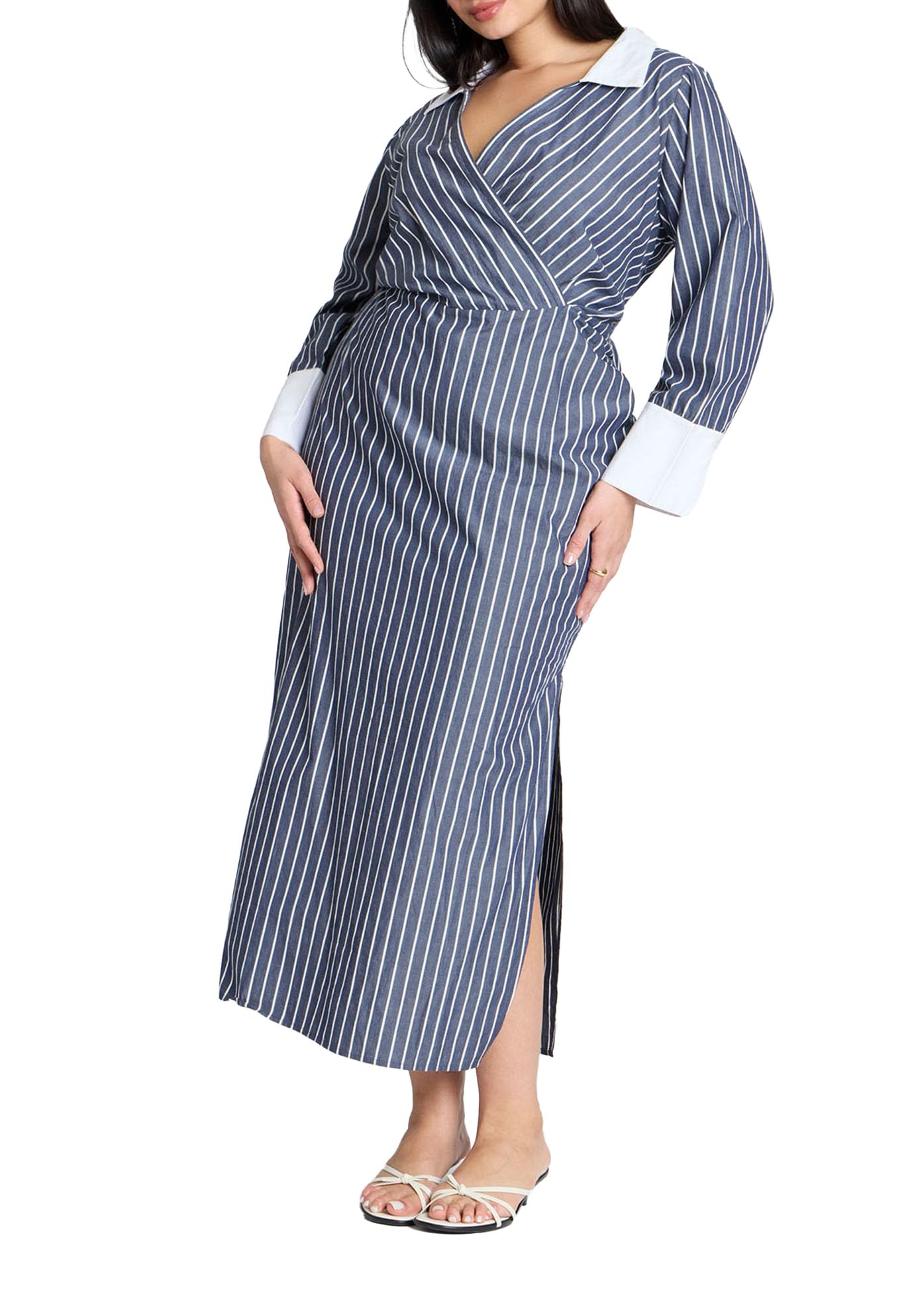 ELOQUII Women's Plus Size Striped Midi Shirt Dress - 16, Navy/White Stripe