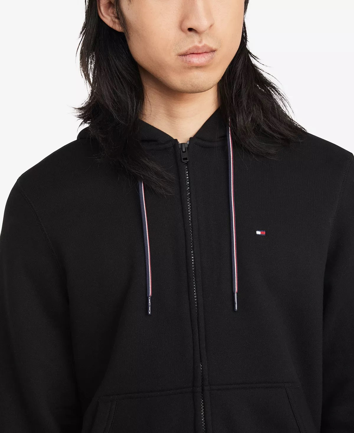 Tommy Hilfiger Moletom com capuz masculino com cordão e zíper, preto, tamanho pequeno