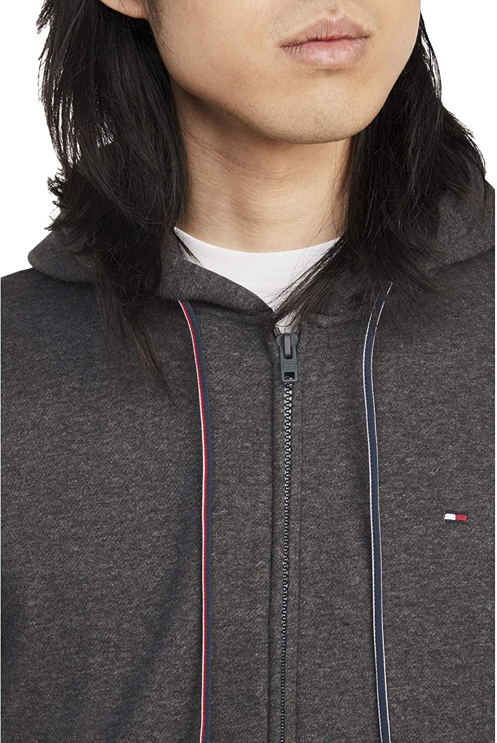 Tommy Hilfiger Moletom com capuz masculino com cordão e zíper, cinza, tamanho grande