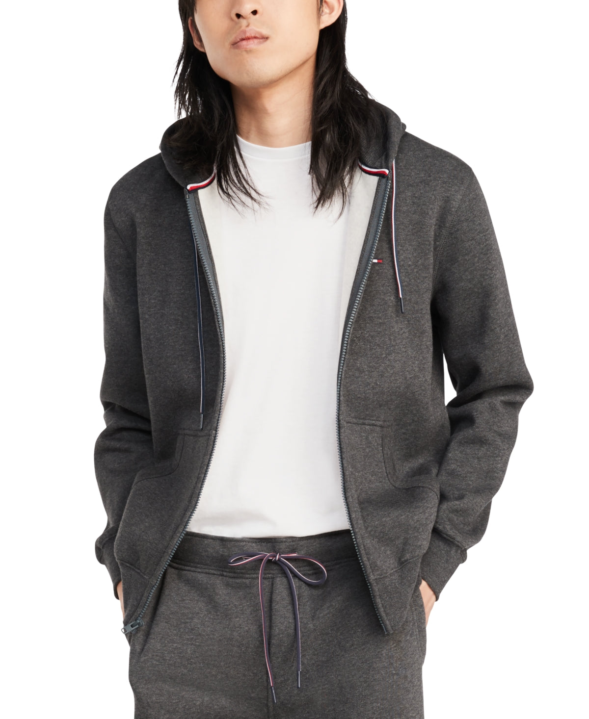 Tommy Hilfiger Moletom com capuz masculino com cordão e zíper, cinza, tamanho grande