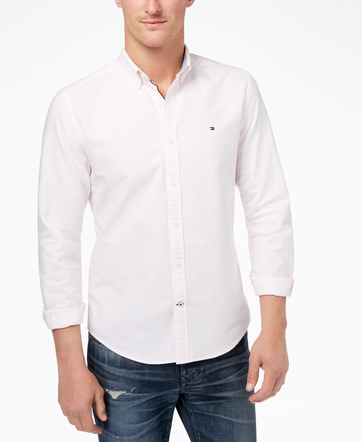 Camisa listrada masculina Tommy Hilfiger New England rosa tamanho GG