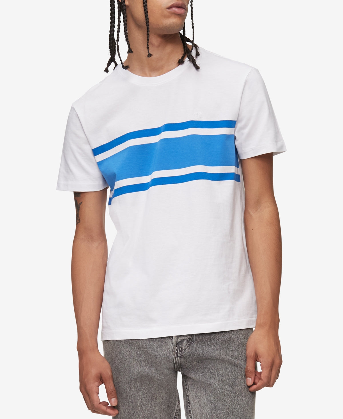 Camiseta Calvin Klein Masculina Listrada no Peito Branca Tamanho XX-G