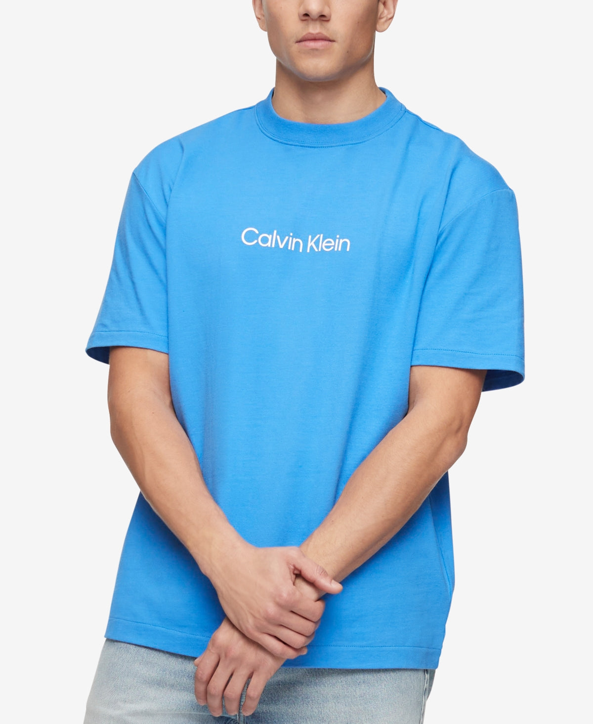 Camiseta Calvin Klein Masculina Relaxed Fit com Logo Padrão e Gola Redonda Azul Tamanho X-G