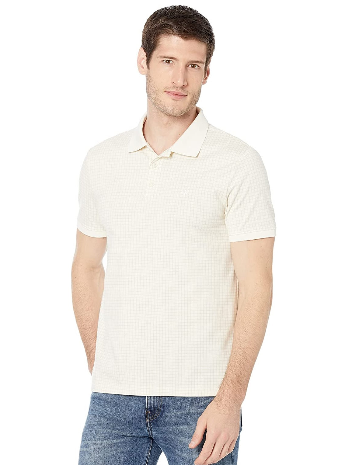 Camisa polo masculina Calvin Klein de manga curta com estampa de algodão liso e malha marrom, tamanho M