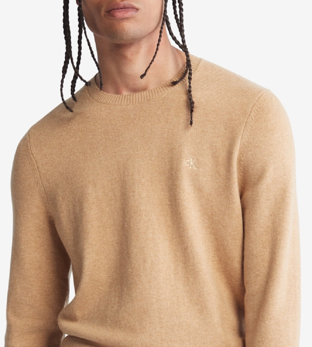 Suéter Calvin Klein Masculino Regular Fit de Lã Merino com Gola Redonda Marrom Tamanho X-G