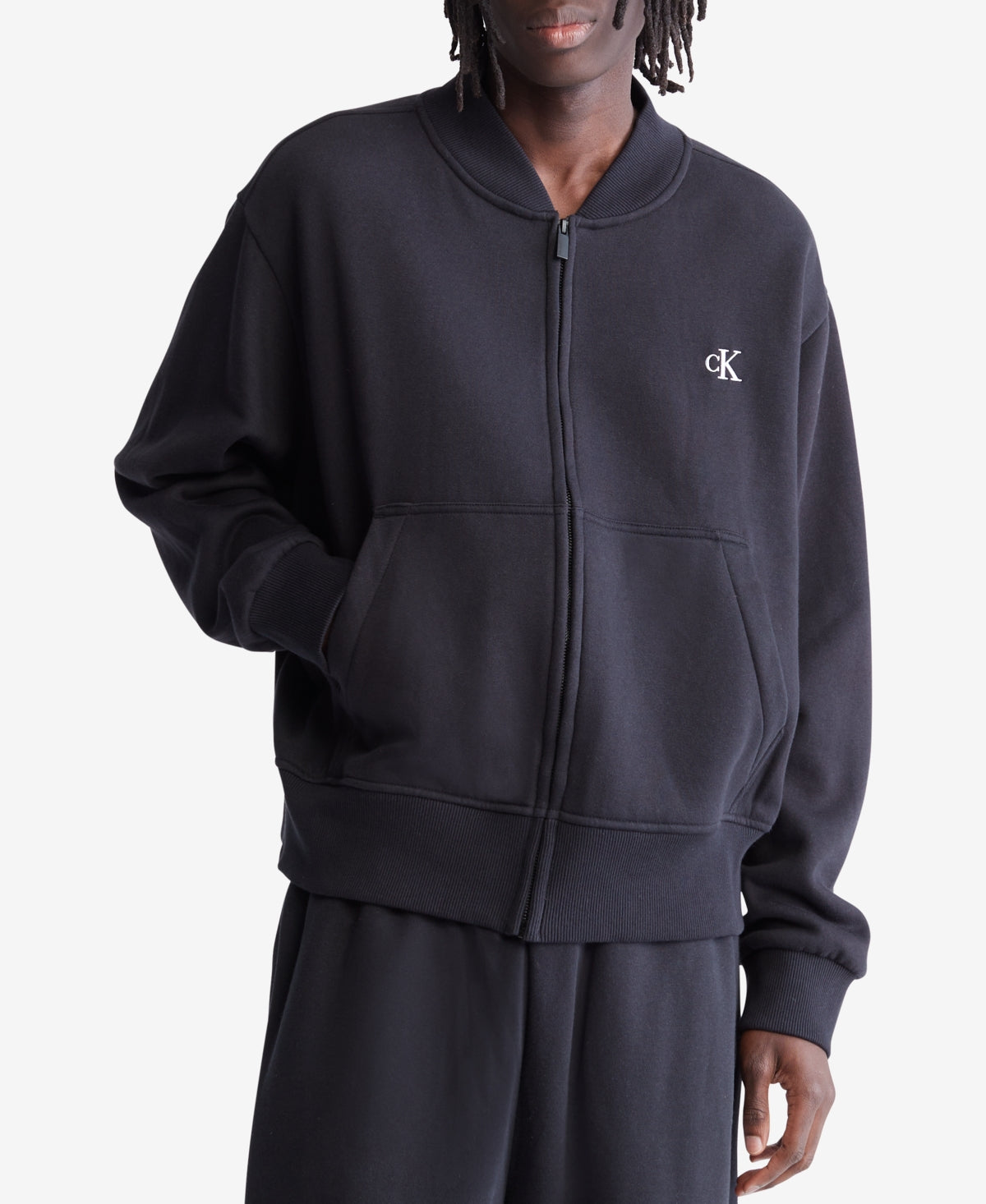 Jaqueta bomber masculina Calvin Klein Relaxed Fit Archive Logo Fleece, preta, tamanho grande