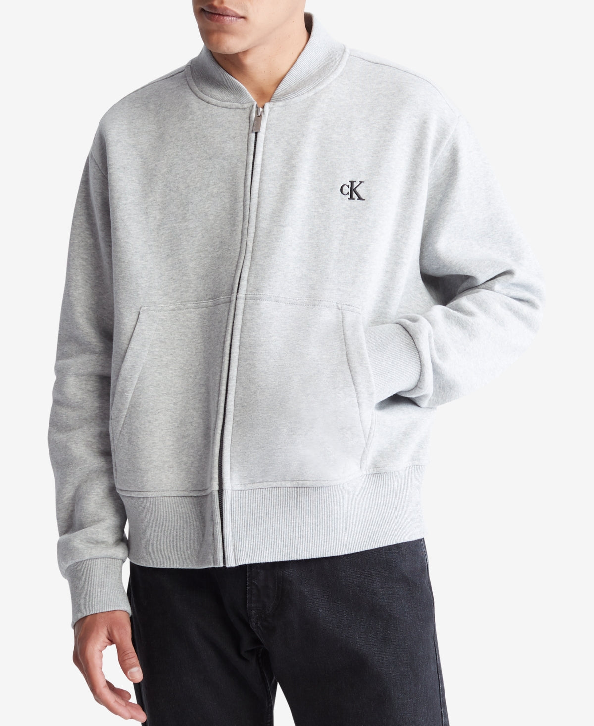 Jaqueta bomber masculina Calvin Klein Relaxed Fit Archive Logo Fleece, cinza, tamanho grande