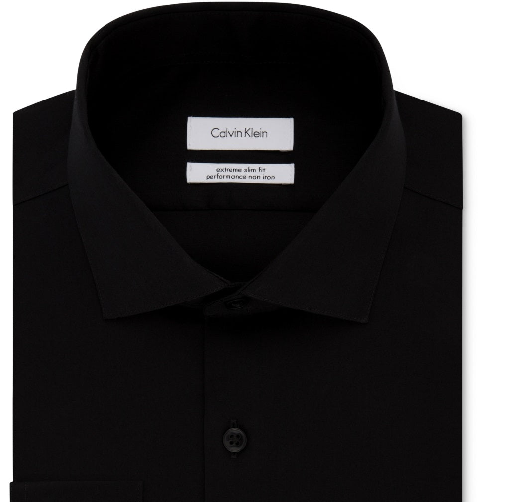 Camisa social masculina Calvin Klein Extra Slim Fit, não precisa passar, preta, tamanho 16x34x35