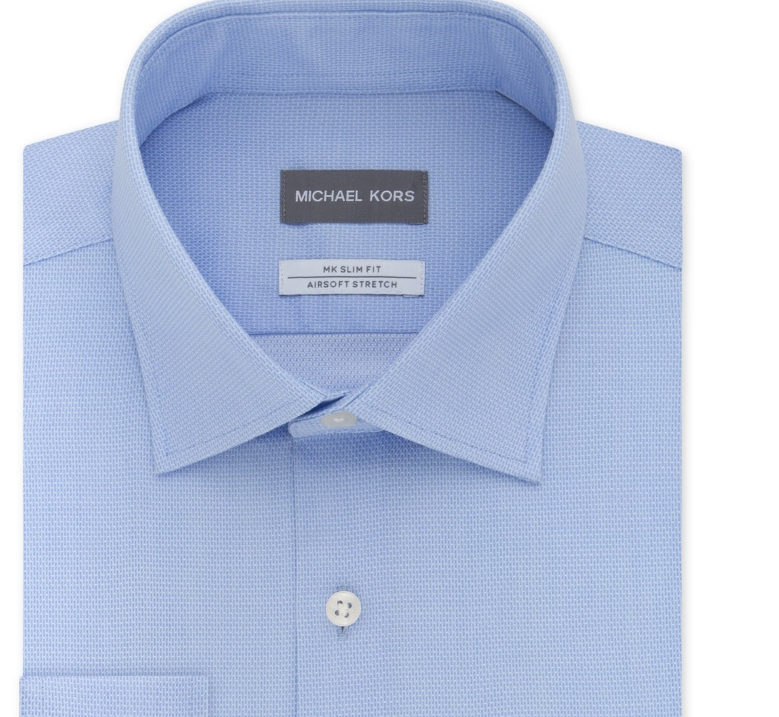 Camisa social masculina Michael Kors Slim Fit Airsoft sem passar a ferro, azul, tamanho 17,5 x 32 x 33