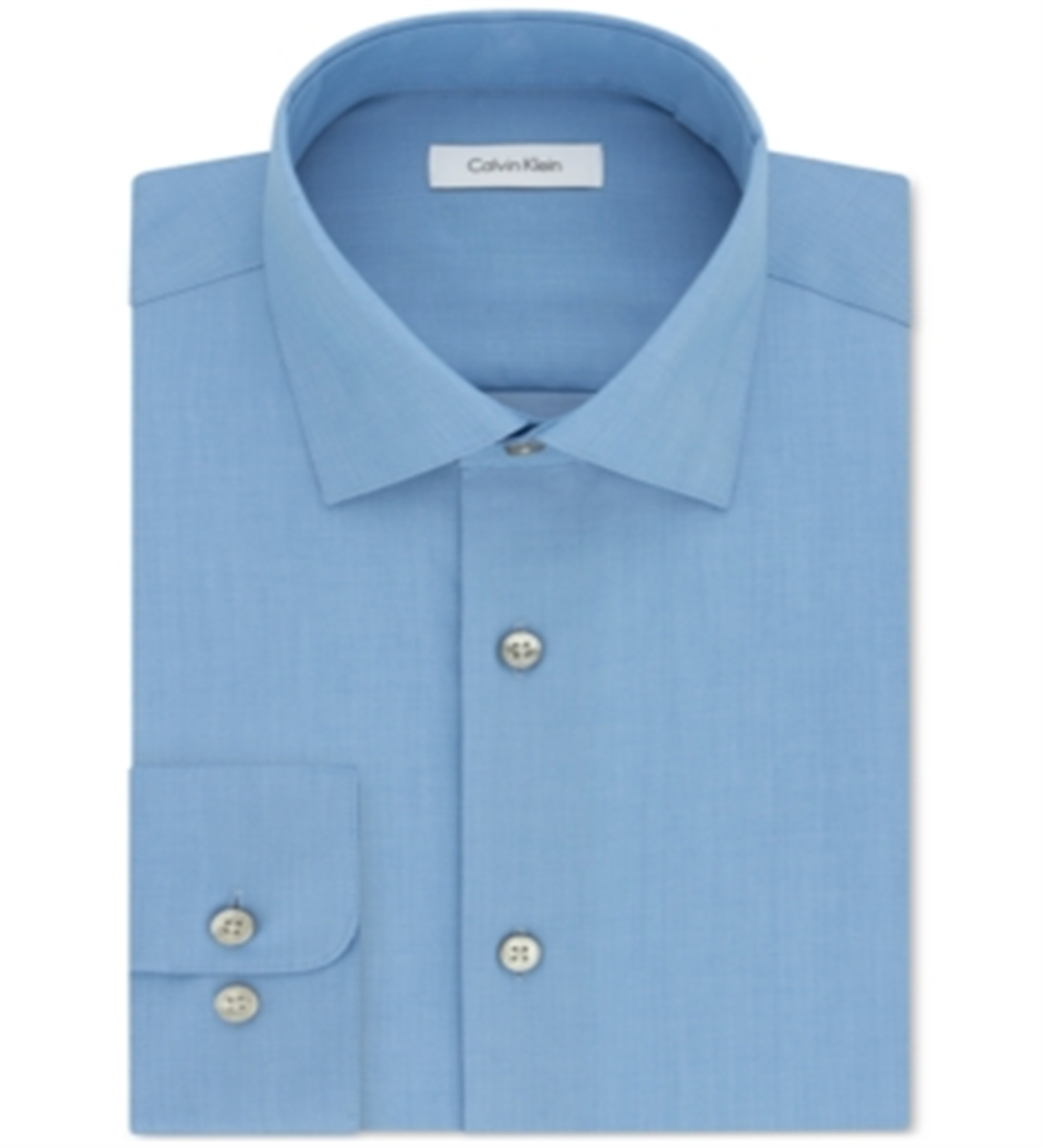 Camisa social masculina Calvin Klein Classic Fit sem passar a ferro, com padrão espinha de peixe, azul, tamanho 19/35-36