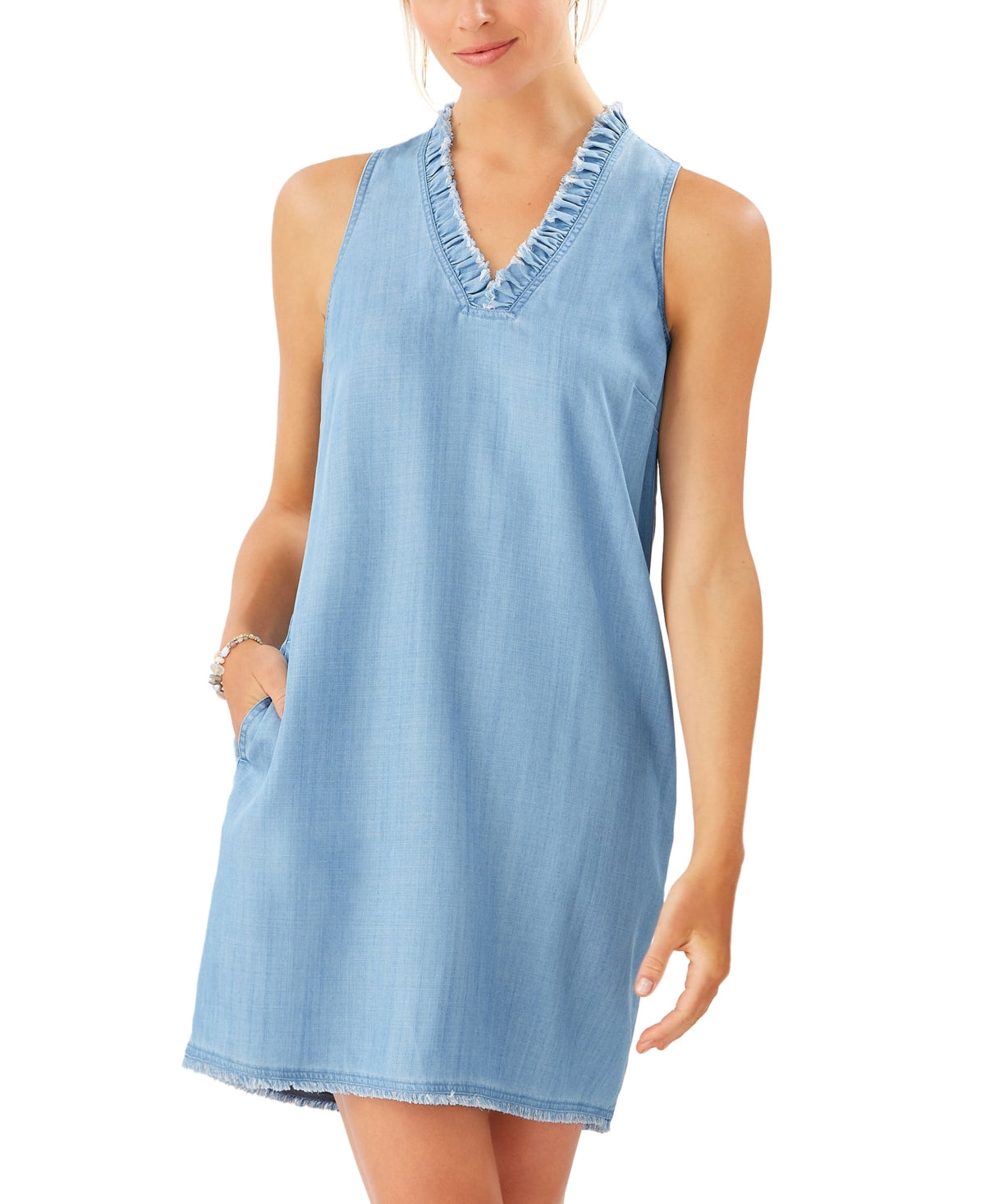 Vestido feminino Tommy Bahama com babados e cambraia, azul, tamanho pequeno