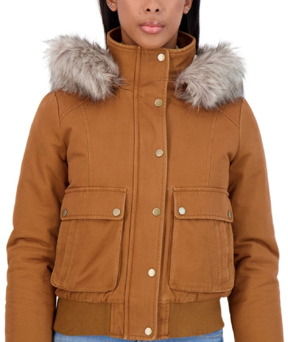 Jaqueta bomber com capuz e acabamento em pele sintética Sebby Junior's, marrom, tamanho médio