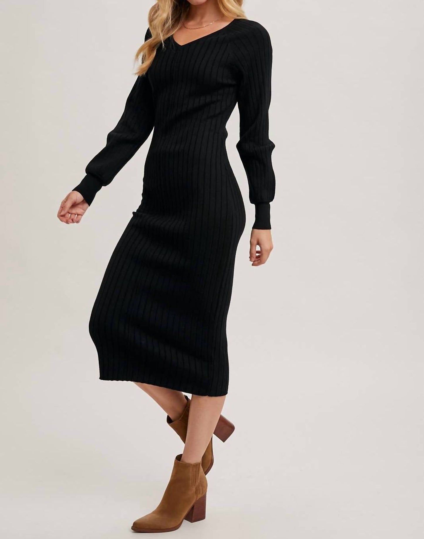 Bluivy - Women's V Neck Ribbed Knit Sweater Midi Dress