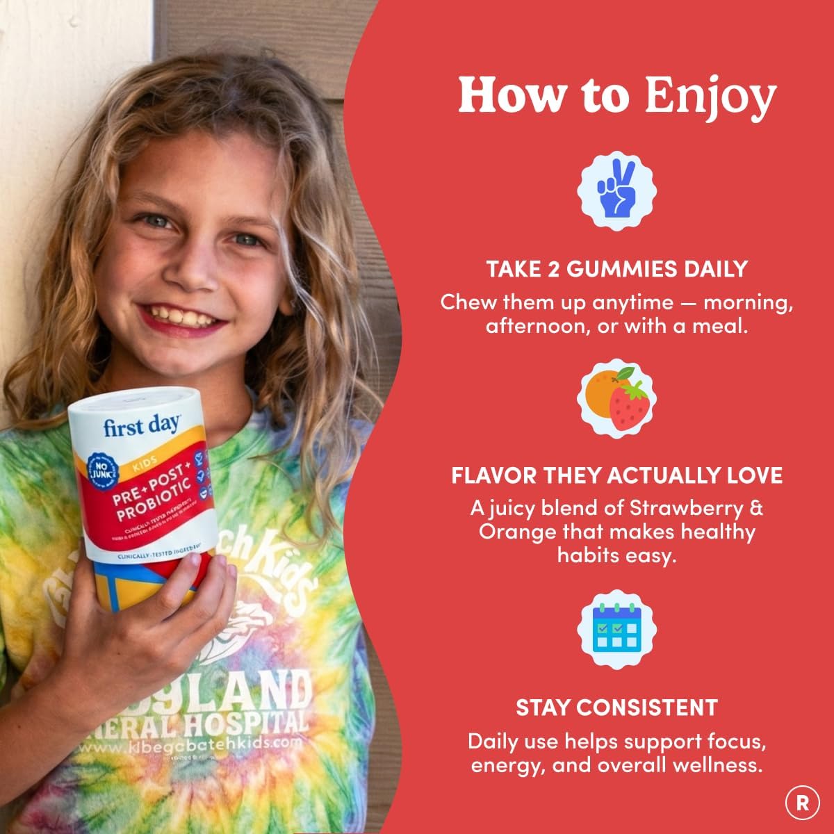 FIRST DAY Kids 3-in-1 Probiotic Gummies – Prebiotic + Probiotic + Postbiotic Supplement – Supports Digestive & Oral Health, Immune Function & Energy Levels – 30-Day Supply