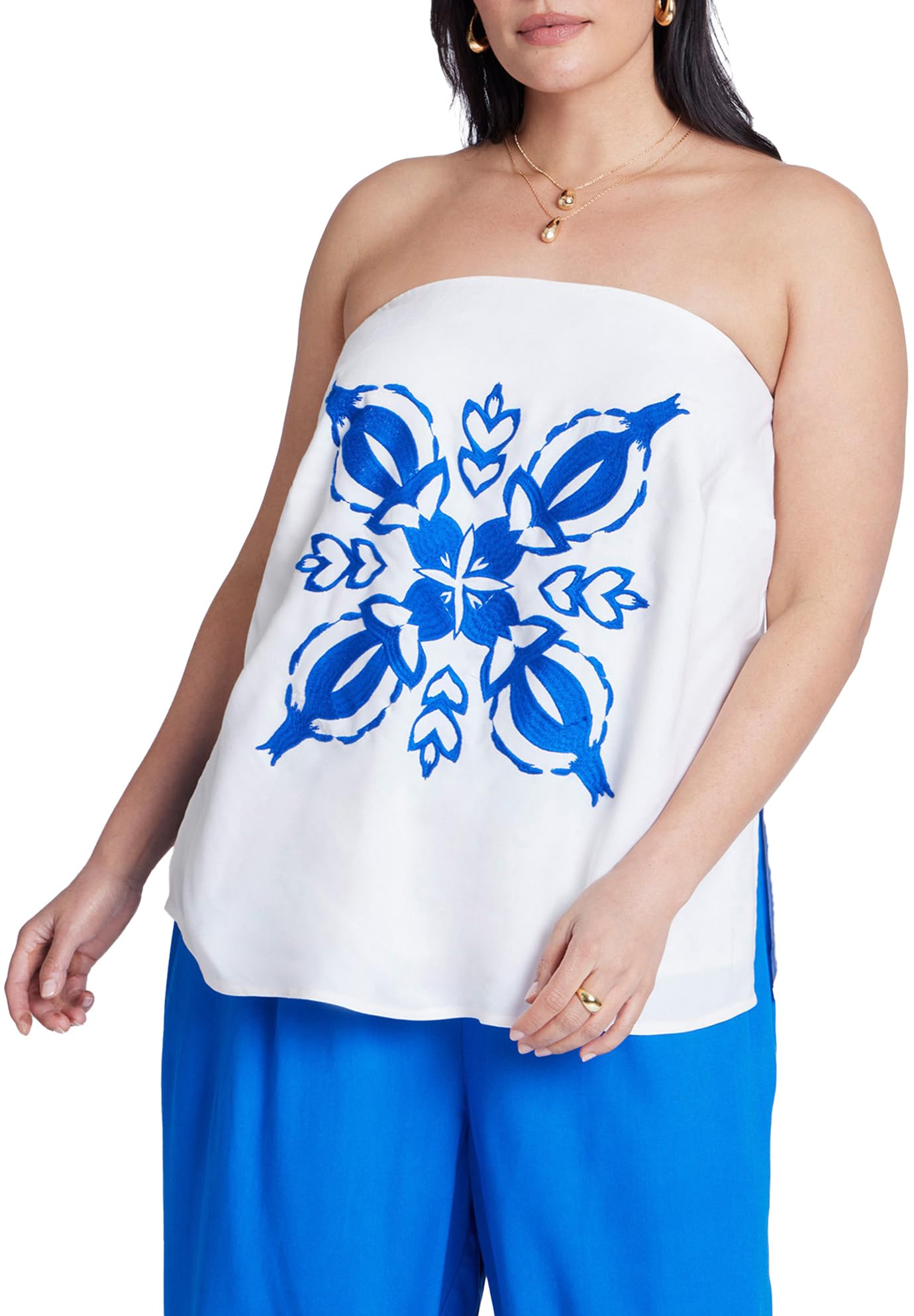 ELOQUII Women's Plus Size Embroidered Column Top - 18, Jet Stream