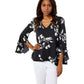 Vince Camuto Flutter Sleeve Floral Whisps V-Neck Tunic Rich Black LG