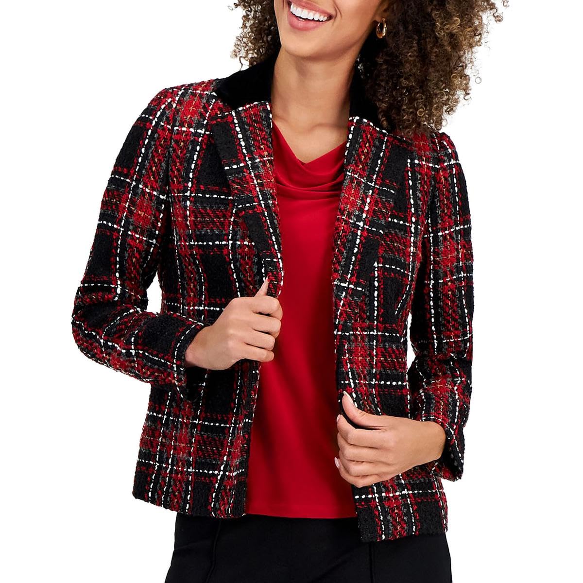 Kasper Womens Petite Notch Collar Open Jacket Fire Red Multi
