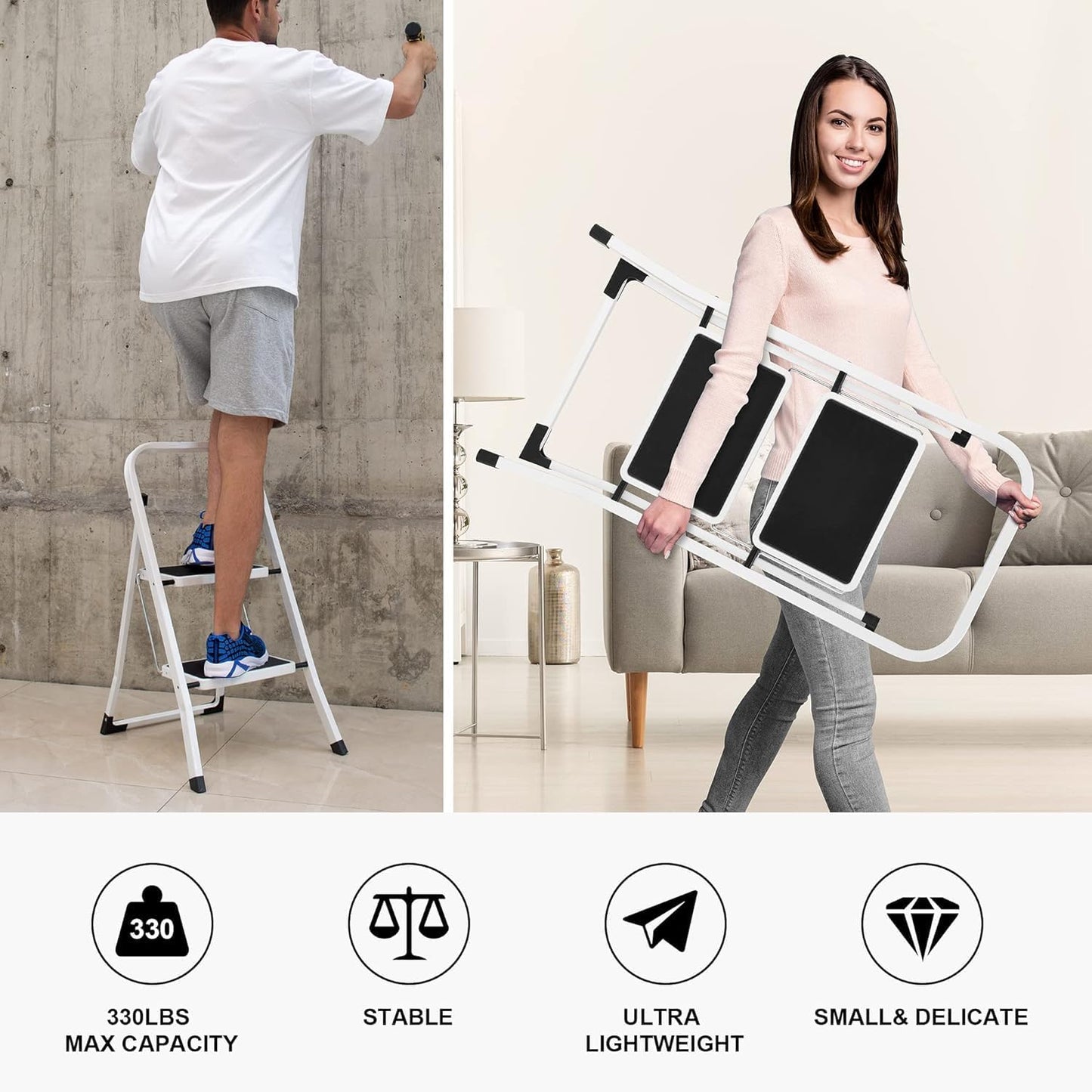 Bancos dobráveis ​​leves com pedal antiderrapante - Capacidade de 155 kg (2 ou 3 degraus) 