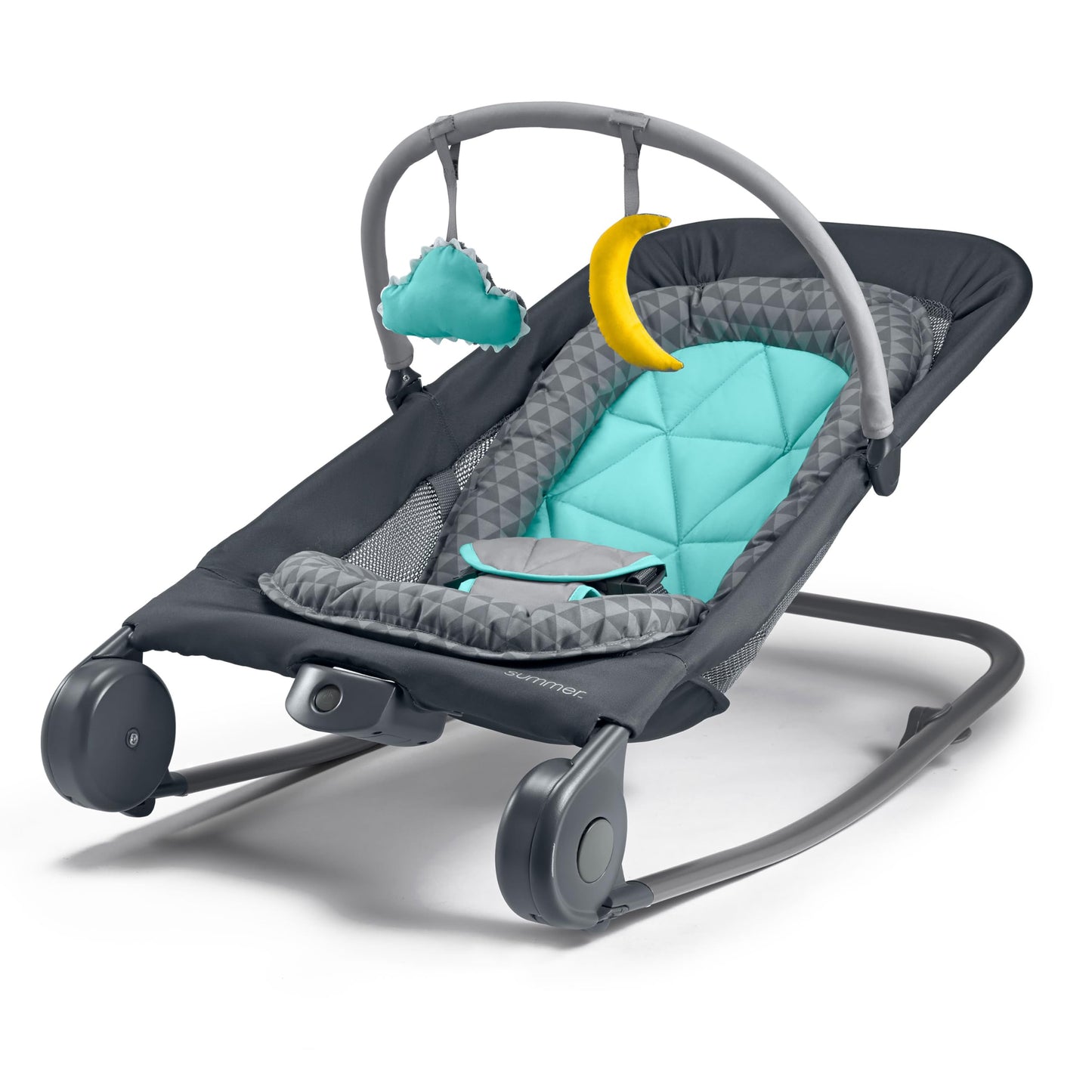 Summer Infant 2in1 Bouncer  Rocker Duo Gray and Teal Convenient and Portable Rocker and Bouncer for Babies Includes Soft Toys and Soothing Vibrations
