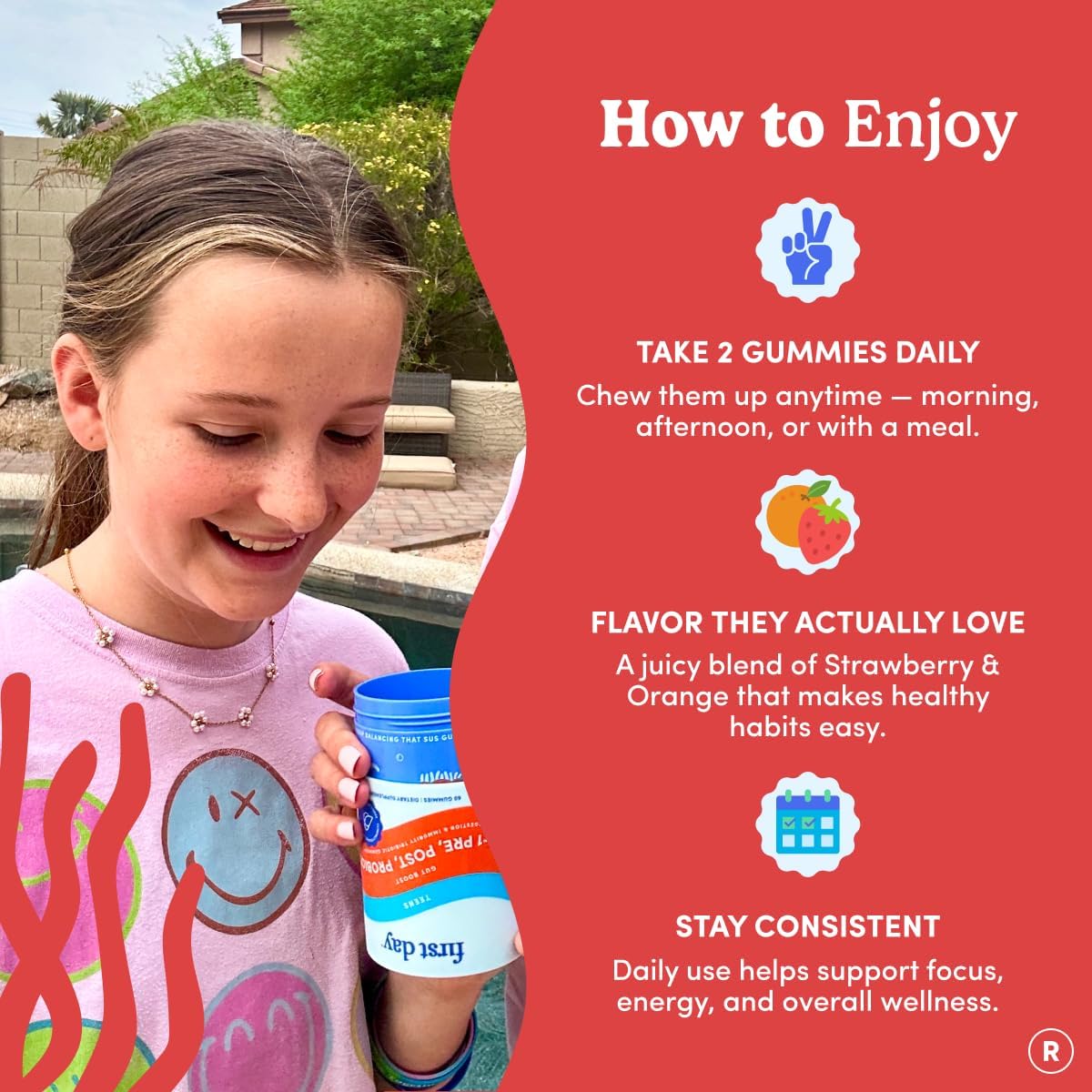 FIRST DAY Vitamins for Teens 3-in-1 Probiotic Gummies - Prebiotic + Probiotic + Postbiotic for Teens Girls & Boys 12-17 – Skin Health, Digestive & Oral Health, Immunity, Energy – 30-Day Supply