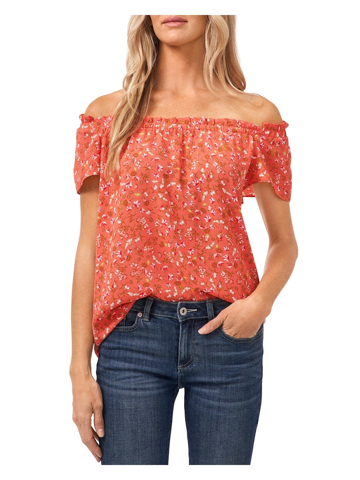 CeCe Short Sleeve Square Neck Floral Blouse Bay Coral SM