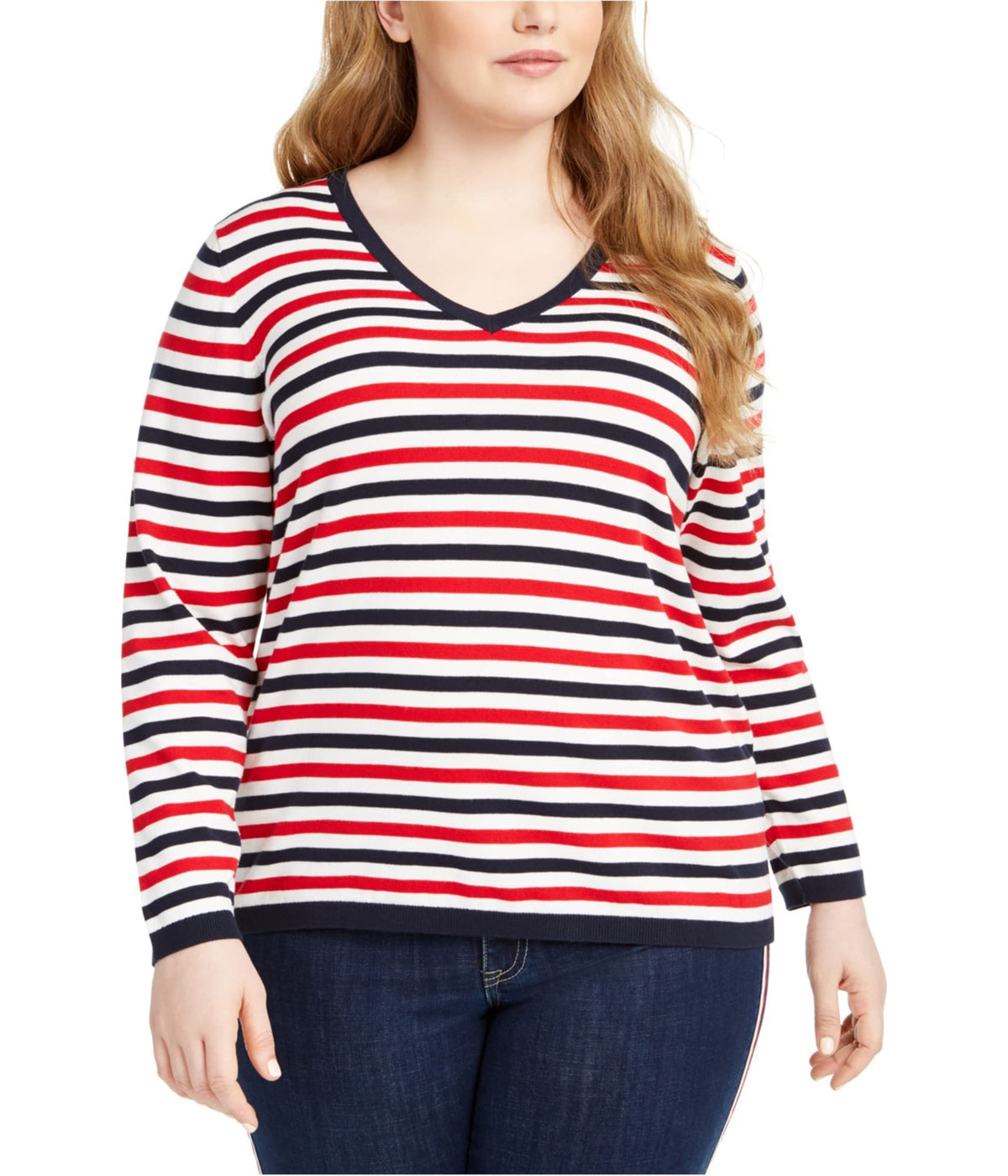 Tommy Hilfiger Womens Striped Pullover Sweater, Blue, 0X
