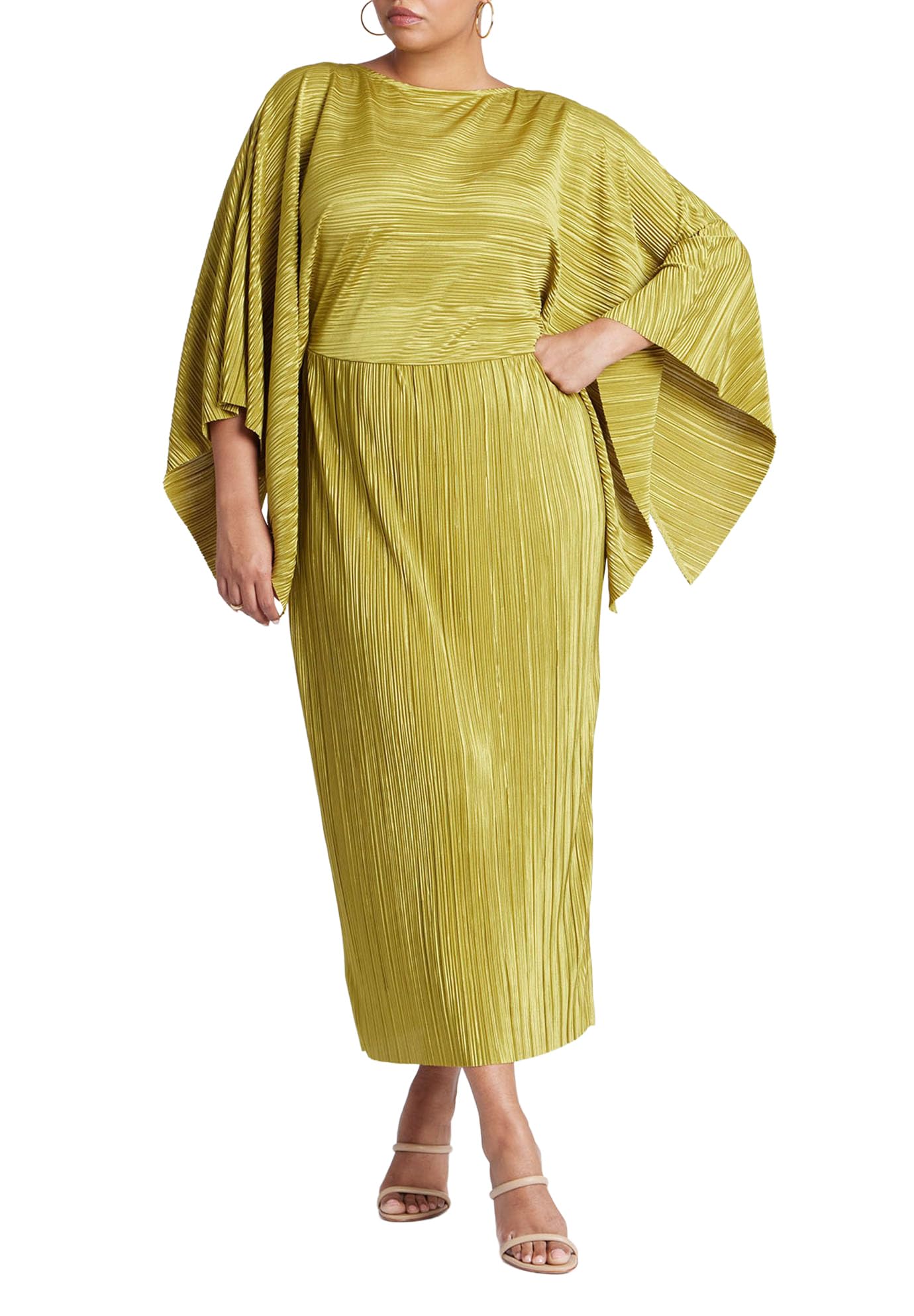 ELOQUII Women's Plus Size Cape Effect Plisse Dress - 26, Avocado Oil