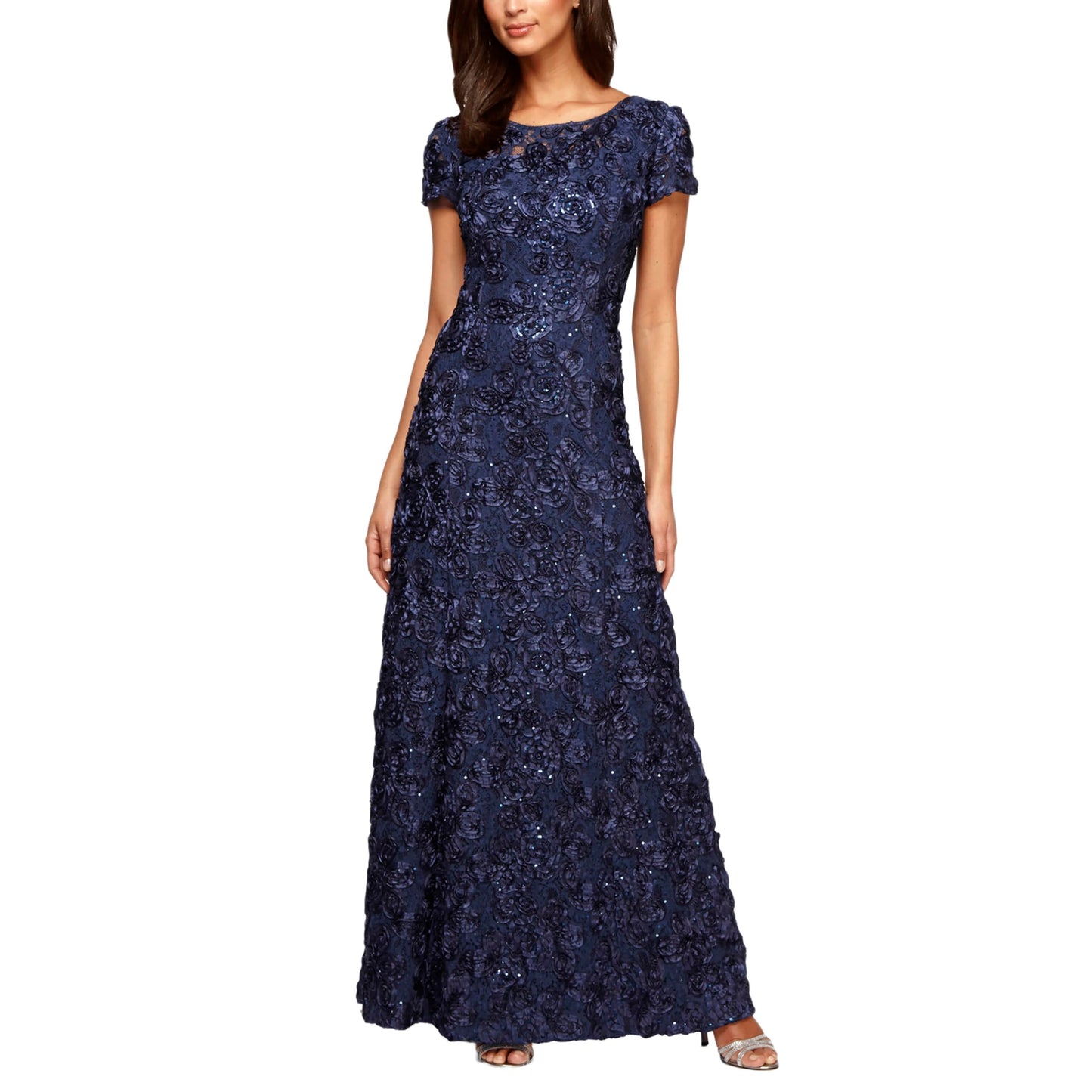 Alex Evenings Women's Long Rosette Mother of The Bride Dress with Short Sleeves, Wedding Guest, Navy, 16