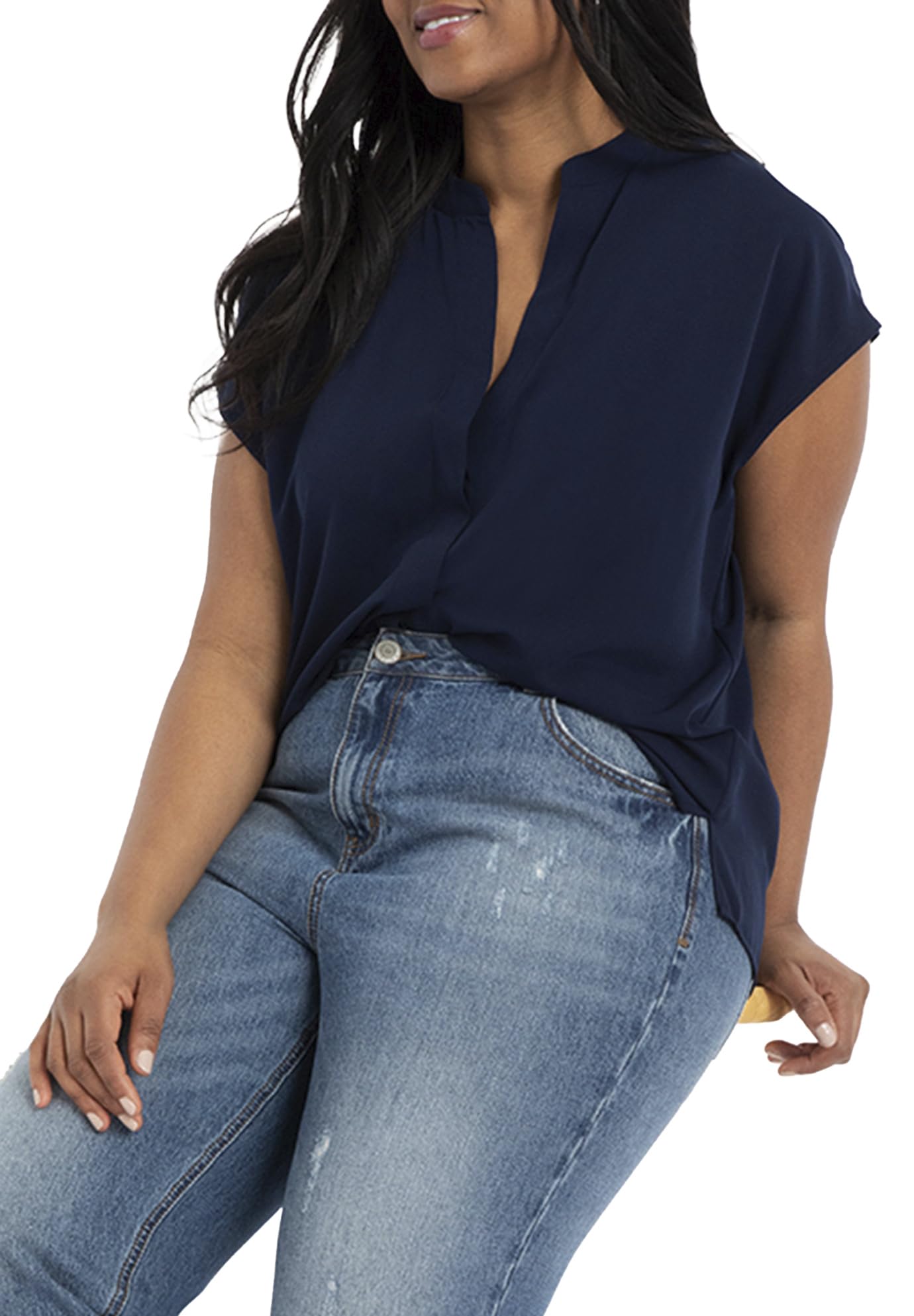 ELOQUII Women's Plus Size Notch Collar Blouse - 14, Dress Blues