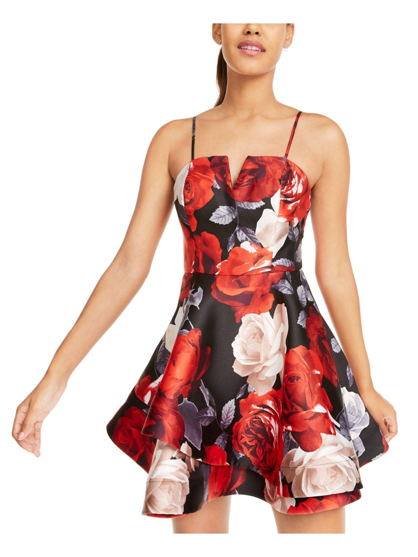 Trixxi Womens Juniors Floral Bow-Back Fit & Flare Dress Red 1