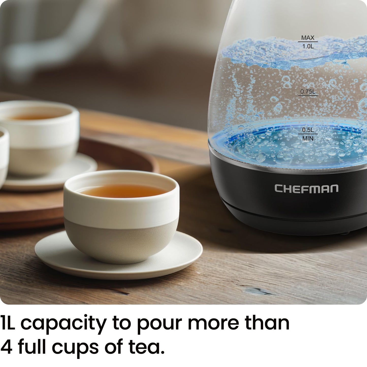 Chefman Electric Tea Kettle with LED Lights  Automatic Shut Off  Black  1L