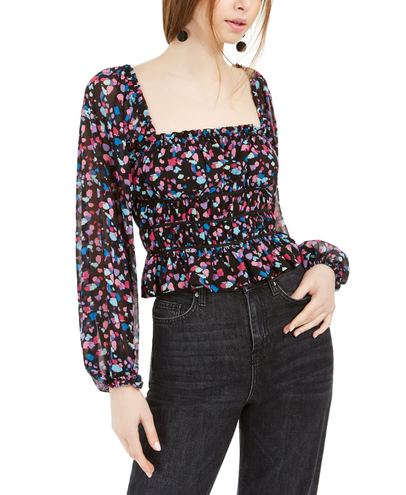 Leyden Womens Juniors Smocked Floral Top Black L