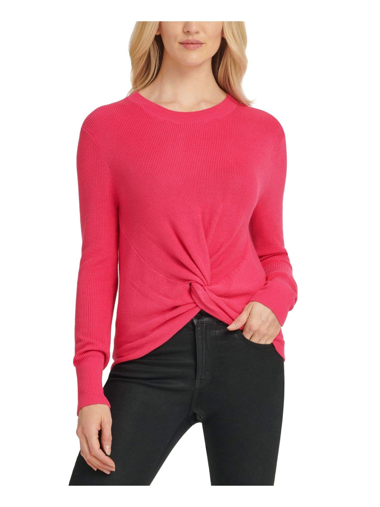 DKNY Womens Pink Twist Front Long Sleeve Jewel Neck Sweater Size XS
