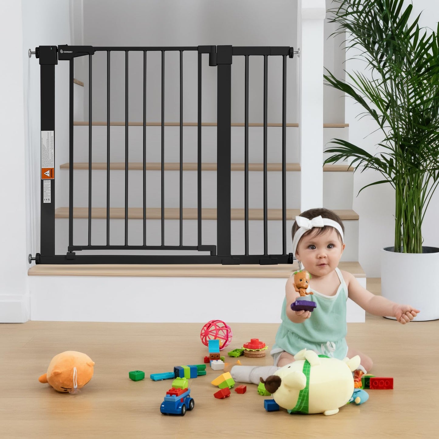 COMOMY 30 Tall Baby Gate for Stairs Doorways Fits Openings 295 to 405 Wide Auto Close Extra Wide Dog Gate for House Pressure Mounted Easy Walk Through Pet Gate with Door Black