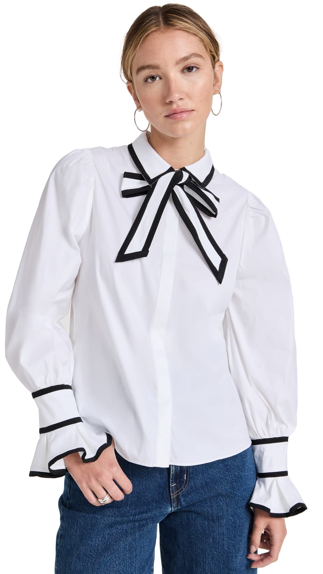 alice + olivia Women's Sharen Puff Sleeve Bow Tie Button Blouse, White/Black, S