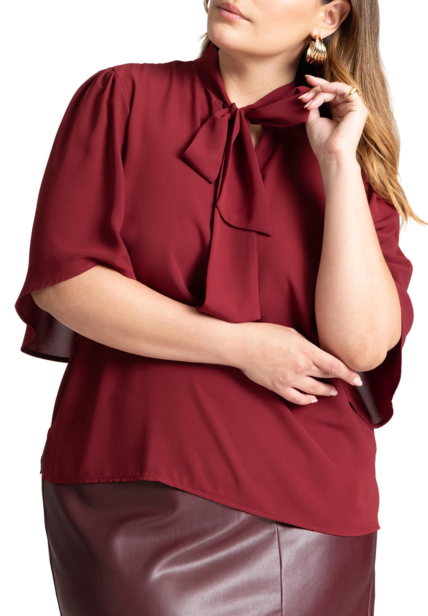 ELOQUII Women's Plus Size Bow Blouse with Flutter Sleeve - 26, Cabernet