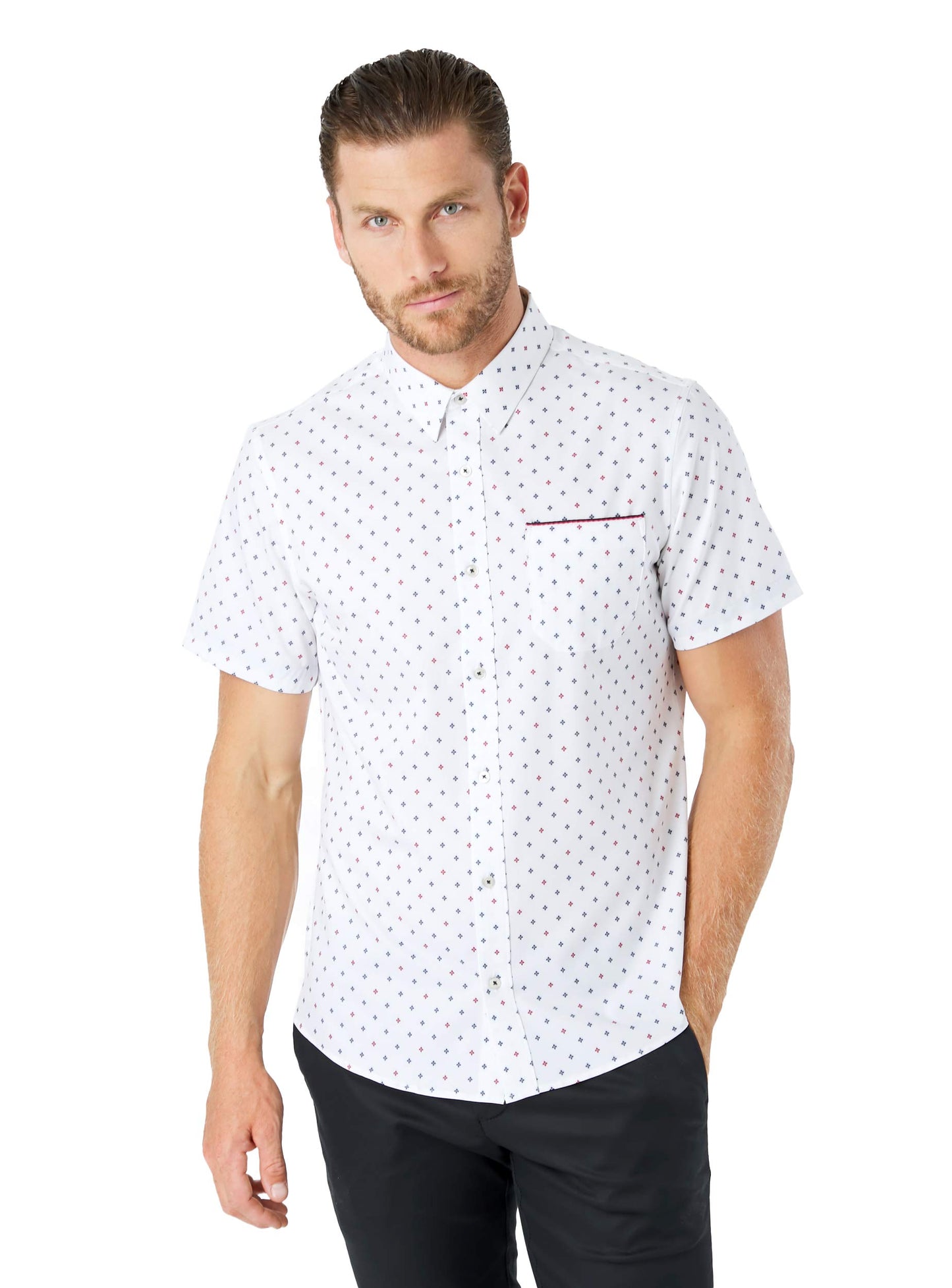 7 Diamonds Men's Highway Star 4-Way Stretch Geometric Print Slim Fit Short Sleeve Shirt (XX-Large, White)