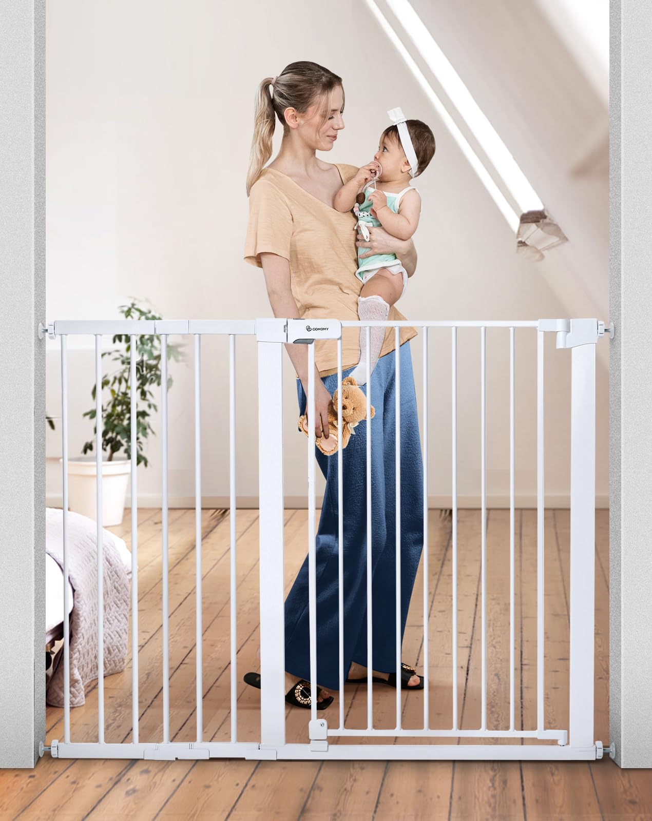 COMOMY 36 Extra Tall Baby Gate for Stairs Doorways Fits Openings 295 to 488 Wide Auto Close Extra Wide Dog Gate for House Pressure Mounted Easy Walk Through Pet Gate with Door White