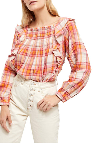 Free People Women's Siena Plaid Pullover Blouse (Multicolor, Large)